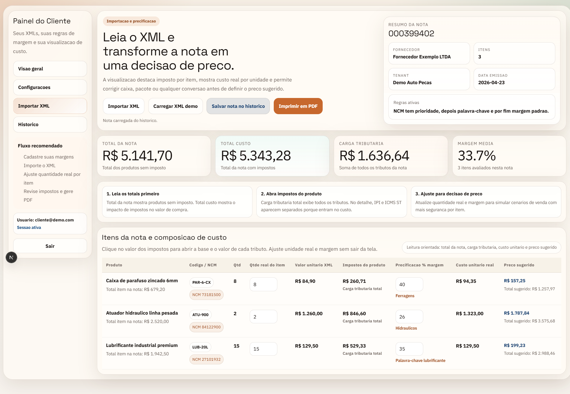 Print da tela de importacao de XML